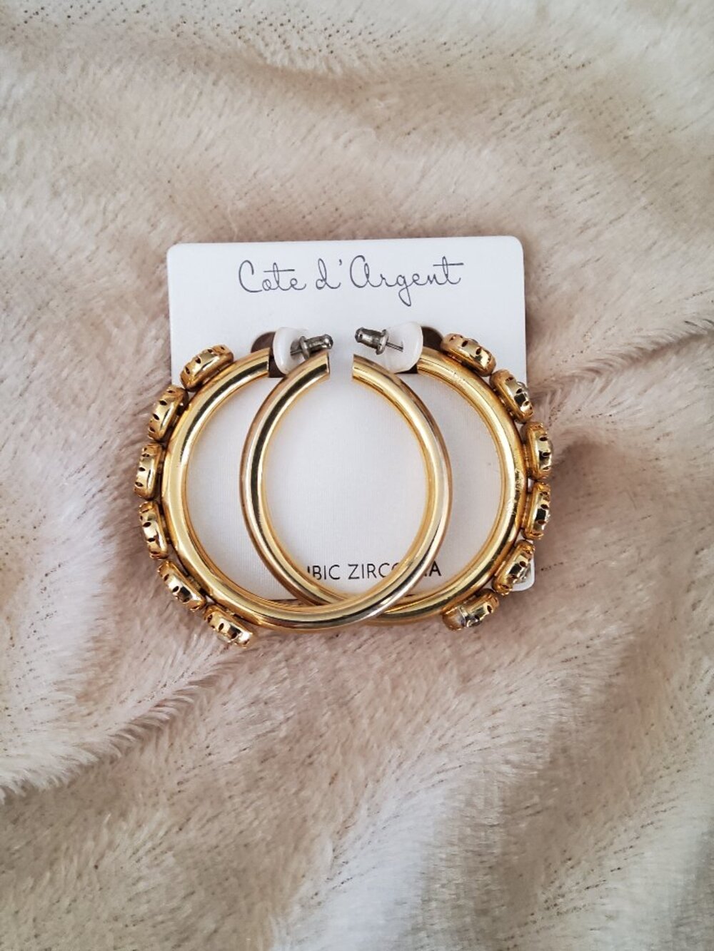 Cote D Argent Gold hoop earrings Cubic Zircona inlaid